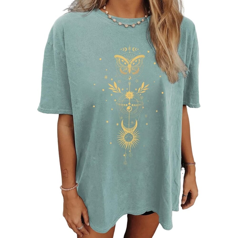 💫 Women Green Casual Short Sleeve Loose Shirt Oversized Trendy Neck Summer Tees